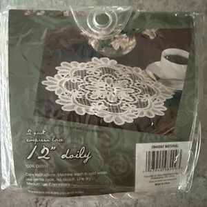 NOS Floral Empress Lace Doily Set of 2 Beige 12 Inch Round Cottagecore Grandma